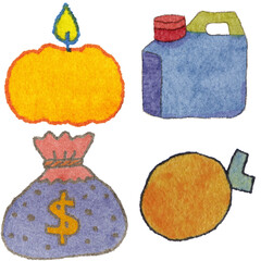 a drawing of a bag of money and a bag of oranges and a bag of money and and a candle