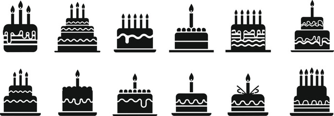 Cad drawing flat vector illustration, birthday cake icons set, celebration dessert silhouettes, black white design, festive party sweets symbols