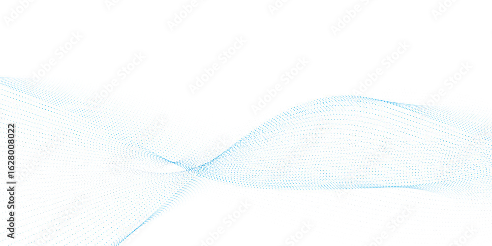 Poster dynamic particle waves in a blue halftone a flowing dot curve against a white backdrop, embodying te