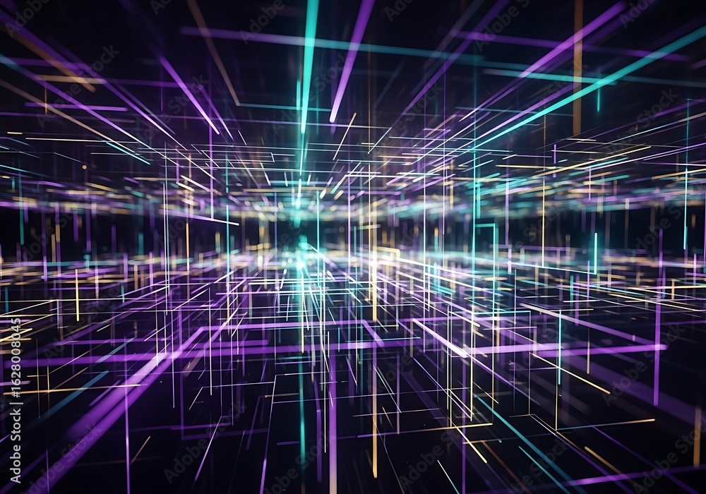 Poster abstract geometric network of lines and glowing light particles.
