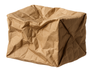 Wrinkled brown paper bag in a rectangular shape on transparent background.