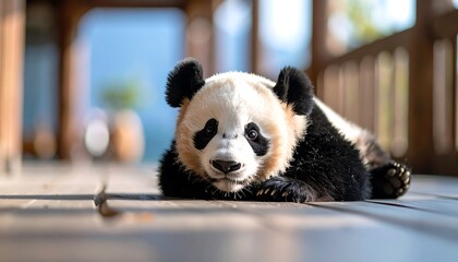 Cute panda cub resting outdoors