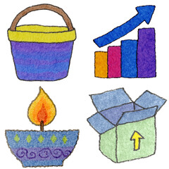 a drawing of a bucket and candle and and other items