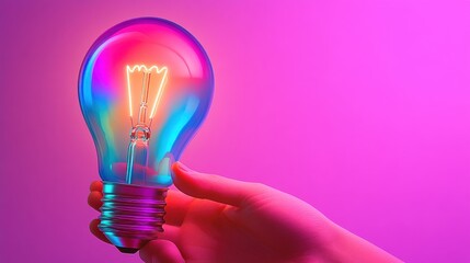 Hand holding glowing light bulb symbolizing innovation on vibrant pink background
