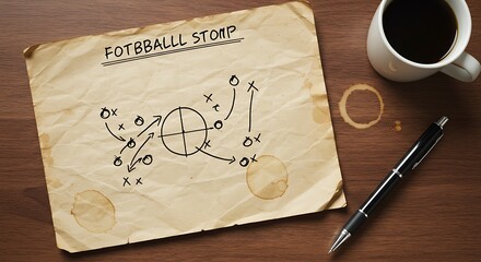 A coach's desk with a hand-drawn football strategy on old paper, showing a game plan with a pen and coffee. A concept for planning and winning.