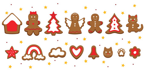 Christmas gingerbread cookies set with festive holiday decorations. 
Cute gingerbread cookies collection with holiday star and tree