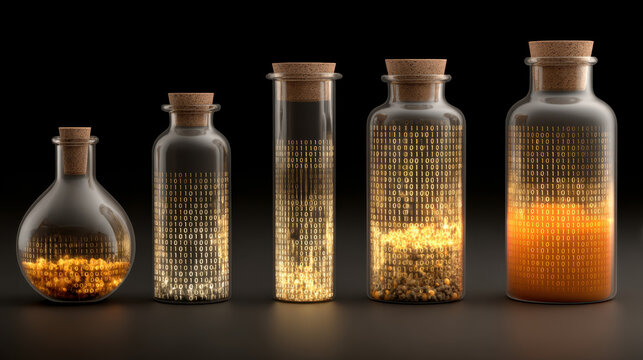 Growing digital data filling glass jars with binary code on black background