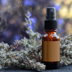 Amber spray bottle with blank label, lavender and smoke promoting relaxation and aromatherapy