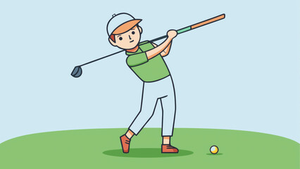 A young golfer in a green shirt and cap takes a swing with a club on a bright day. The ball sits on the grass, awaiting his precise hit while his stance shows concentration and enthusiasm