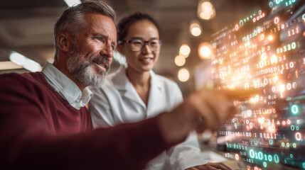 Scientists analyzing binary code on computer screen in laboratory