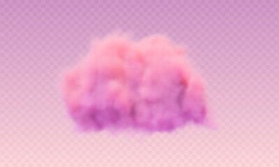 3d realistic pink sunset cotton cloud on transparent background. Fluffy vector smoke.