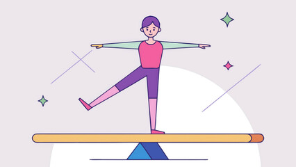 A young athlete practices balance on a gymnastic beam in a colorful and animated environment, demonstrating focus and skill. The surrounding design adds a playful atmosphere