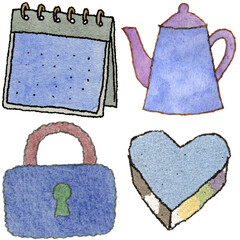 a drawing of a teapot and a purse and a calendar and and a heart