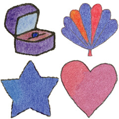 a drawing of a box and star and heart and and shell