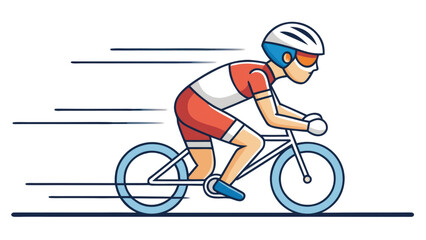 A cyclist speeds down a path, showcasing a dynamic pose and bright gear. The sunny weather enhances the excitement of the ride as motion is illustrated through swift lines
