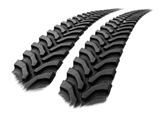 Two bold black tire tracks with prominent tread patterns curved side by side on transparent background.
