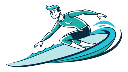 A cheerful surfer expertly maneuvers on his board while riding a wave. The setting showcases a beautiful beach with sunlight illuminating the water and creating a vibrant atmosphere