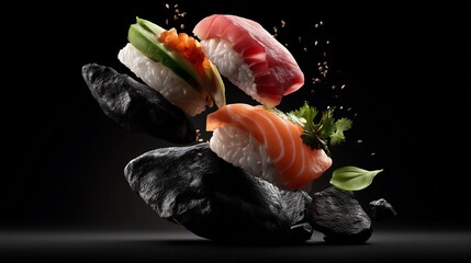 Floating nigiri sushi assortment presentation with black stones on dark background