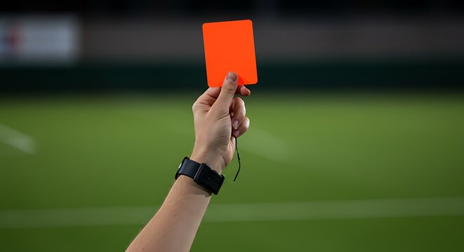 Referee holding a red card against a blurred green sports field, symbolizing rules, fouls, and player ejection.