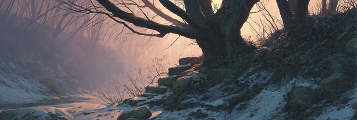 Scala di pietra verso un albero spoglio in un paesaggio invernale