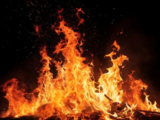Photo of burning fire flames at night, hot and bright energy, dangerous inferno, abstract nature background, outdoor campfire, celebration event, festival warmth