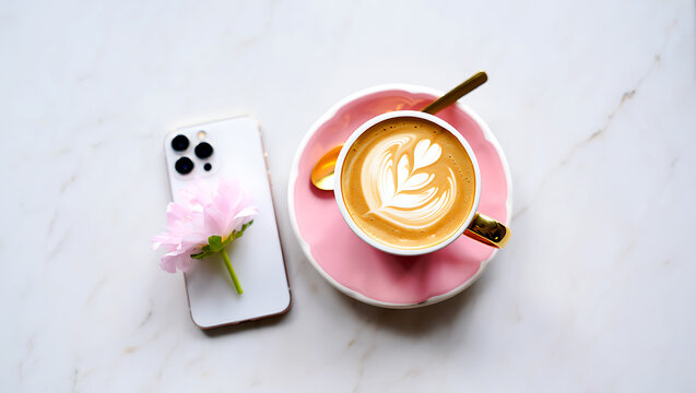 White smartphone pink flower and latte art coffee cup