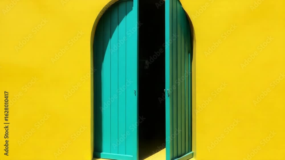 Poster a small yellow building with a distinctive green door and window, suitable for use in architectural 