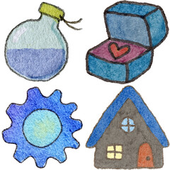 a drawing of a house and a box and a house and a flower and a bottle and and a heart
