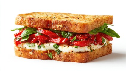 Toasted sandwich with roasted red peppers, mozzarella, and basil