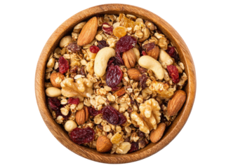 Wooden bowl filled with granola, nuts, and dried cranberries