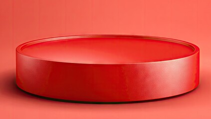 Circular red display podium on a red background.
