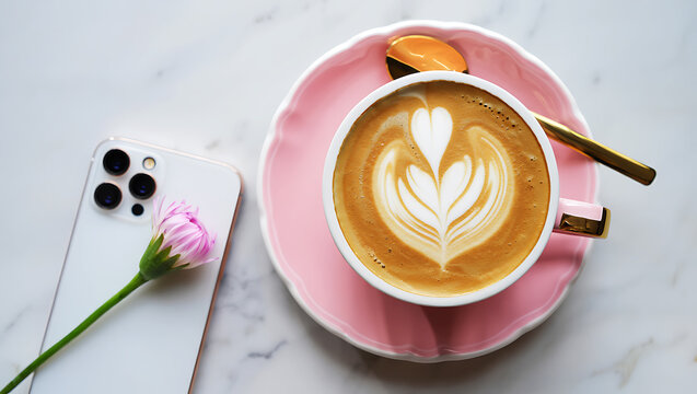 White smartphone and pink saucer with latte art coffee