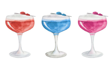 Watercolor illustration. Hand painted red, blue, pink cocktails. Cosmopolitan, blue lagoon, raspberry daiquiri. Mocktail in glass with berries, whipped cream. Isolated clip art. Alcohol drinks