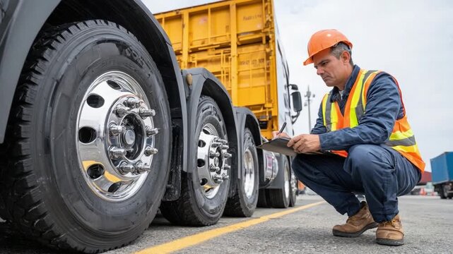 Truck Inspection: A diligent worker, in safety gear, meticulously inspects a large truck, ensuring safety and operational readiness.