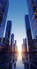 Obraz premium Futuristic cityscape with towering skyscrapers and reflective surfaces
