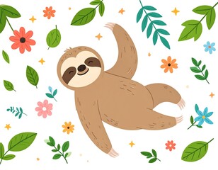 Naklejka premium Cute sloth surrounded by flowers and leaves (2)