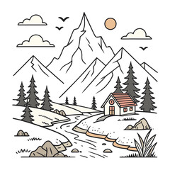 Obraz premium Mountain Cabin by the River Tranquil Nature Scene