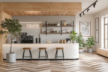 Modern coffee shop interior, light & airy