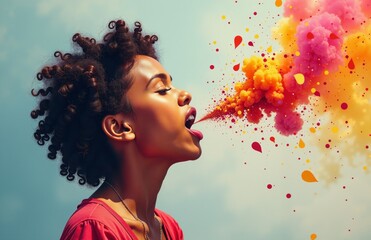 Creative portrait of woman exhaling colorful powder like smoke. Artistic explosion of color and emotion in surreal visual style.