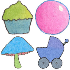 a drawing of a baby carriage and a cupcake and a balloon and and a stroller