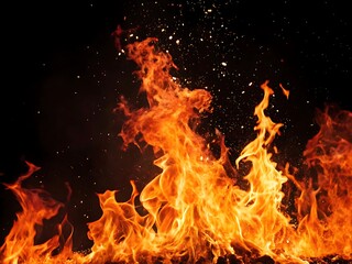 Photo of a mesmerizing display of vibrant orange and yellow flames dancing against a dark background, showcasing the raw power and beauty of fire with its intricate patterns and textures