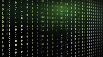 Captivating digital stream of green glowing binary code cascades across a dark abstract background, representing data and technology.