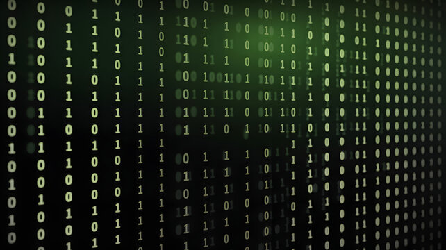 Captivating digital stream of green glowing binary code cascades across a dark abstract background, representing data and technology.