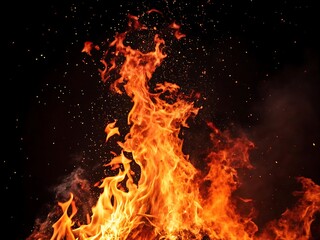 Photo of burning flames creating a fiery inferno with heat and energy, showcasing the power and danger of combustion in the dark night with sparks and smoke