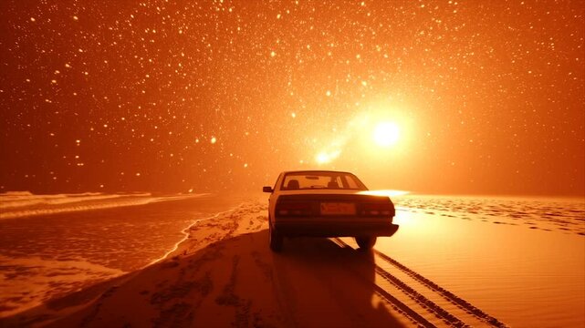 A vintage car sits on a sandy beach at night under a fiery, starlit sky