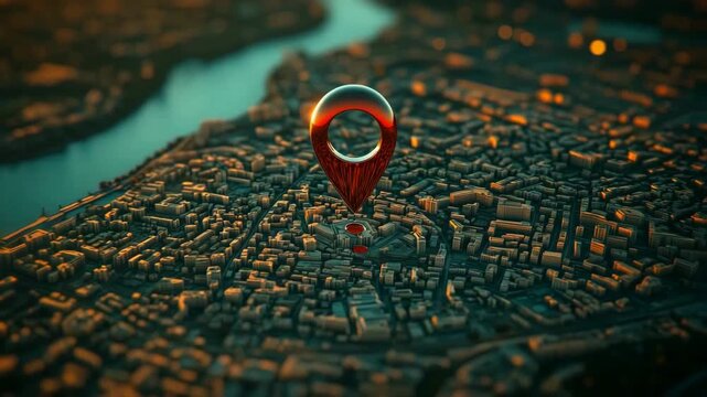 3D city map with a red location pin icon marking a spot, symbolizing GPS, navigation, geotagging, and urban location tracking technology.