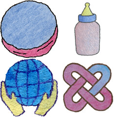 a drawing of a baby bottle and a bottle of milk and a cookie and and a baby bottle