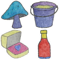 a drawing of different items that are in a bucket