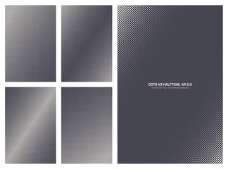 Assorted vector retro styled offset dots halftone pattern set in vertical 2:3 aspect ratio including diagonal faded frame and various tilted textures. Varied vintage graphic design element bundle
