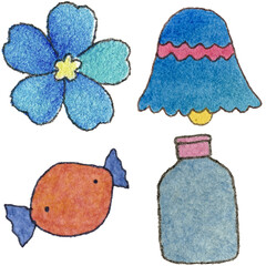 a drawing of a bottle and fish and and flower